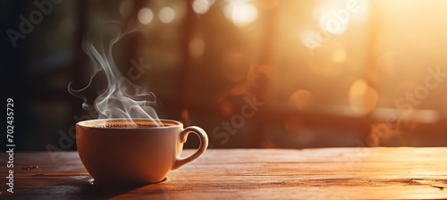 Morning coffee on table with steaming cup and blurred background, perfect for text placement