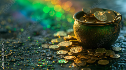 Saint Patrick's Day and Leprechaun's pot of gold coins concept with a rainbow indicating where the leprechaun hid treasure on green with copy space. St Patrick is the patron saint of Ireland backdrop. photo