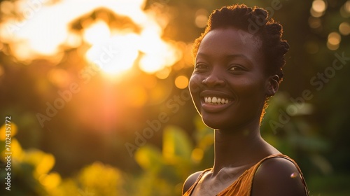 Young african woman smiling at sunset, happy young woman looking aside with headband outdoor in spring park background with copy space. photo