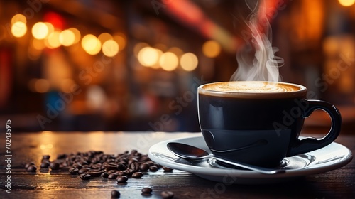Steaming cup of coffee on table with blurred background, ideal for morning shots and text placement