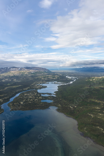 Aerial view of small ponds and shore line of Six Mile Lake, between Lake Clark and Lake Iliamna in Alaska. Near Nondalton, Mud River, Newhalen River, Pickerel Lakes.