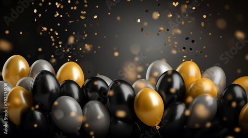 Festive golden and black balloons with confetti and ribbons on blurred background   celebration card