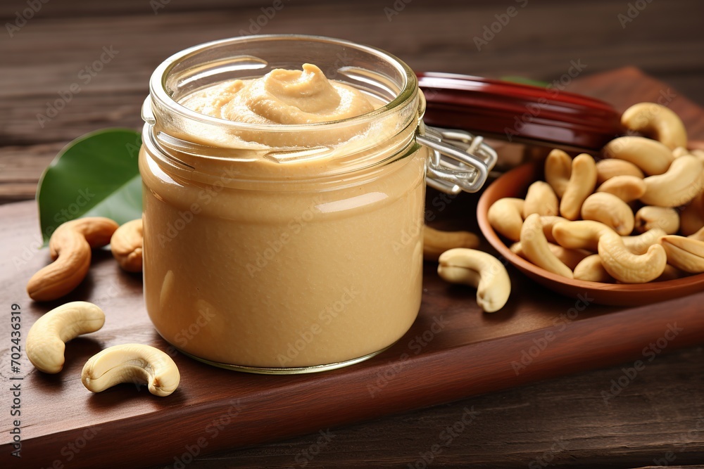 Glass jar with cashew butter on wooden table Glass jar with cashew butter on wooden table