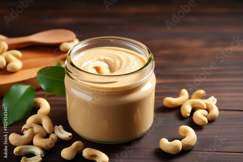 Glass jar with cashew butter on wooden table