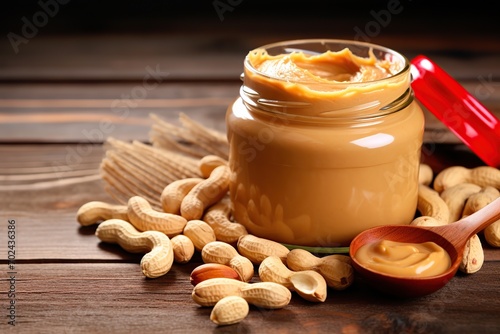 Glass jar with peanut butter on wooden background