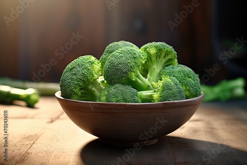 Green ripe broccoli in bowl on wooden background