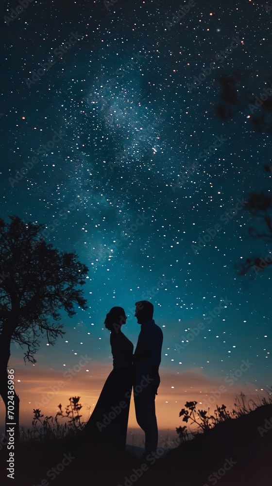 Love Under the Stars: Romantic Night Sky Silhouettes, Made with Generative AI (Midjourney)
