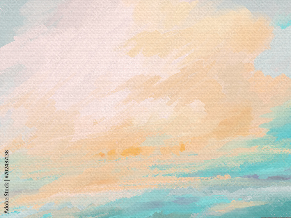 impressionistic sunny & uplifting seascape cloudscape or landscape in aqua, blues & orange or 
