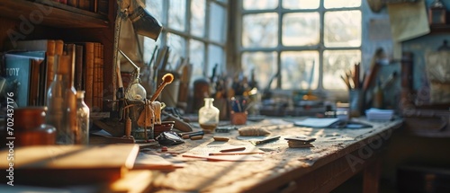 Creative clutter on the desktop, pencils, equipment, scattered papers, flooded with natural daylight photo