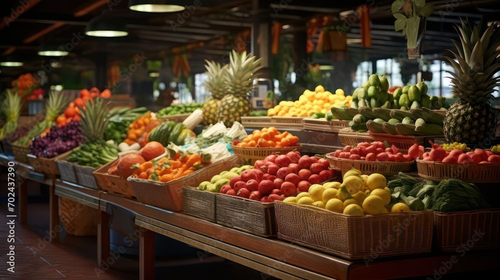 Modern market with vegetables and fruits created with Generative AI