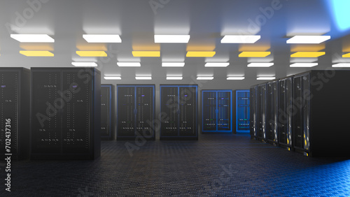 Server room. Server data center. Backup, mining, hosting, mainframe, farm and computer rack with storage information. 3d rendering (ID: 702437316)