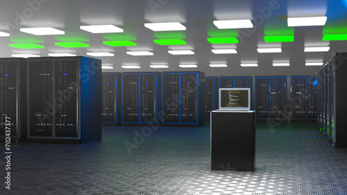 Server room. Server data center. Backup, mining, hosting, mainframe, farm and computer rack with storage information. 3d rendering (ID: 702437377)