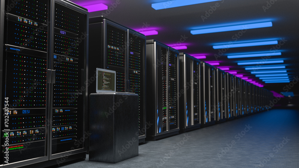 Server room. Server data center. Backup, mining, hosting, mainframe, farm and computer rack with storage information. 3d rendering Server room. Server data center. Backup, mining, hosting, mainframe, farm and computer rack with storage information. 3d rendering