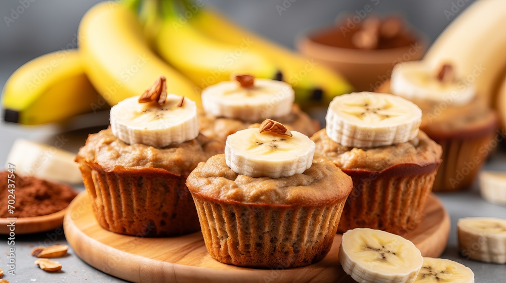 delicious homemade banana muffins   easy recipe concept on blurred kitchen background