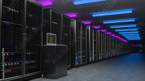 Server room. Server data center. Backup, mining, hosting, mainframe, farm and computer rack with storage information. 3d rendering (ID: 702437544)