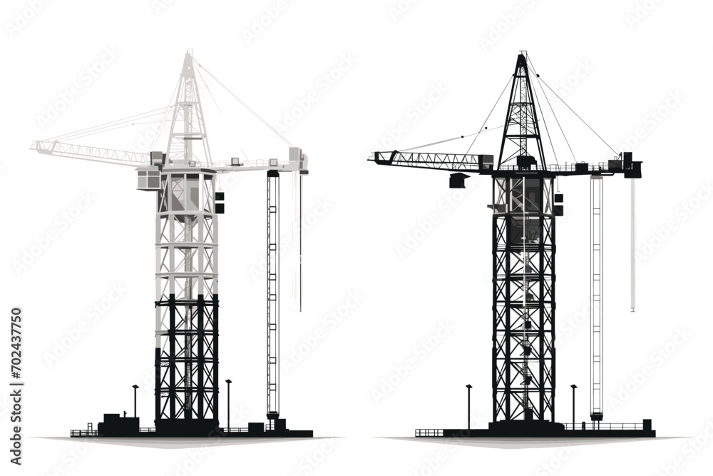 site with crane, construction, tower crane, black and white