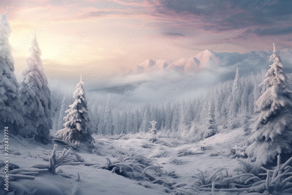 Misty winter dawn over a snow-clad forest,  Perfect for environmental awareness campaigns. 