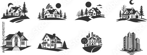 set of home and building icon black filled, home logo style, real estate logo, towers icone pack, vector home, trees, modern, house property 