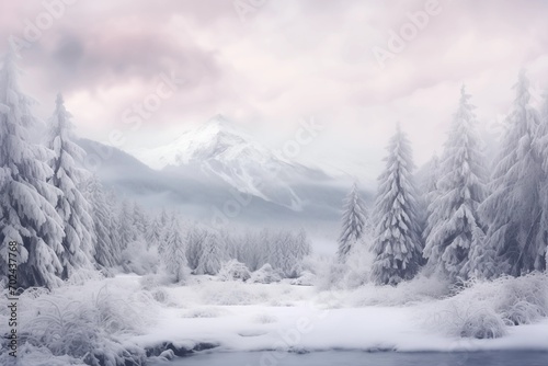 Misty winter dawn over a snow-clad forest, Perfect for environmental awareness campaigns. 
