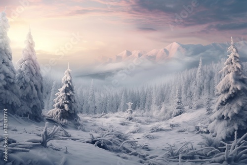 Misty winter dawn over a snow-clad forest, Perfect for environmental awareness campaigns. 