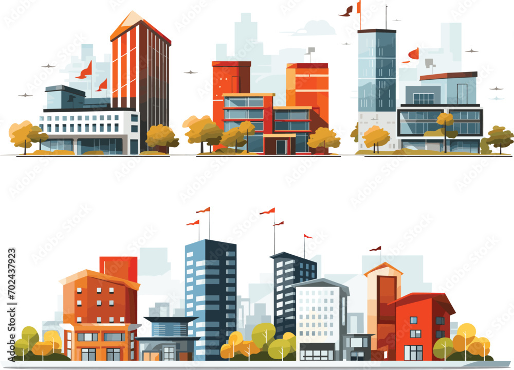 Fototapeta premium office and home in city, pack of office with trees, factory illustration,