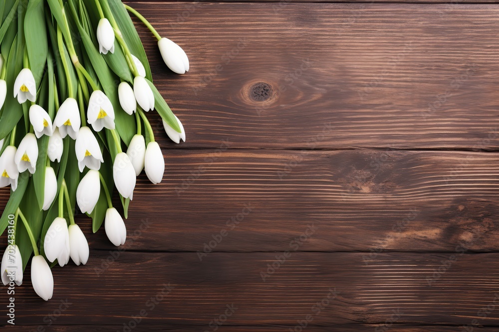 Naklejka premium Blooming snowdrop flowers on wooden background