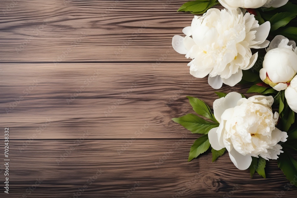 Flat lay of white peony flowers with copyspace on wooden background Flat lay of white peony flowers with copyspace on wooden background