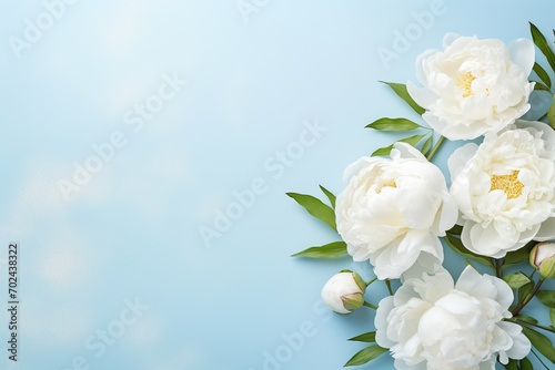 Flat lay of white peony flowers with copyspace on blue background © Alina