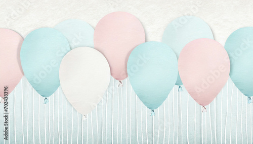 Blue and pink balloons for baby shower, gender reveal, in a cut paper collage style. Generative AI


