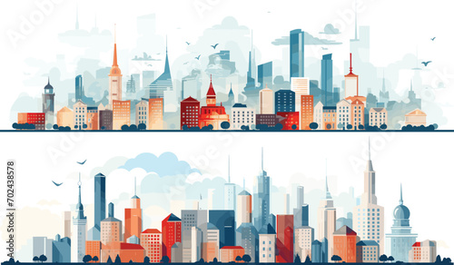 illustration of city buildings in cool colors, , Construction company, with lines, travel, trees,