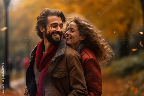 Happy couple man holding a woman behind his back and having fun together in the autumn park