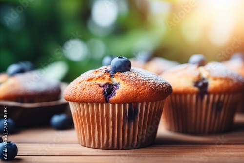 Delicious blueberry muffins as dessert concept in cozy kitchen with blurred background and text area