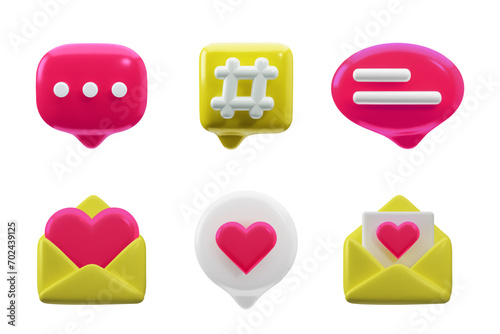 Set 3d love chat bubble icon vector. Render illustration of pink color comment, letter with approval heart isolated on white background. Modern cartoon design. Social media, chatting, dreaming concept