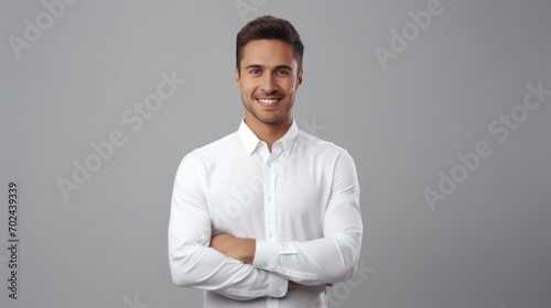 Mixed-Race Handsome Mans Portrait smile. White teeth. gray background.