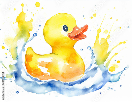 A yellow rubber duck splashing in water, in a colorful watercolor style. Generative AI
