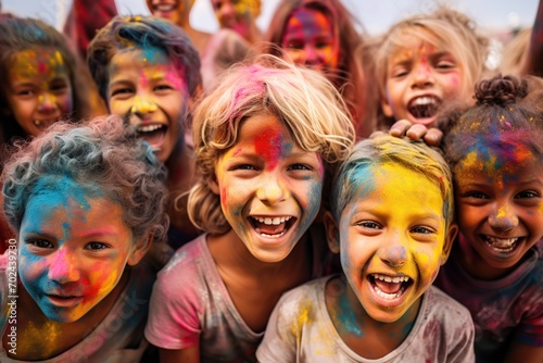 Childrens with face smeared with colors on holi festival