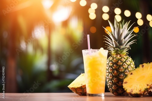 Sliced pineapples and glass of juice on blurred background photo