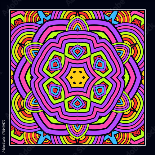 An original ornament for a square scarf, tablecloth, wall panel or any other decorative object. Contrasting color palette. Version No. 9. Vector illustration