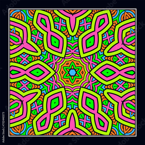 An original ornament for a square scarf, tablecloth, wall panel or any other decorative object. Contrasting color palette. Version No. 8. Vector illustration