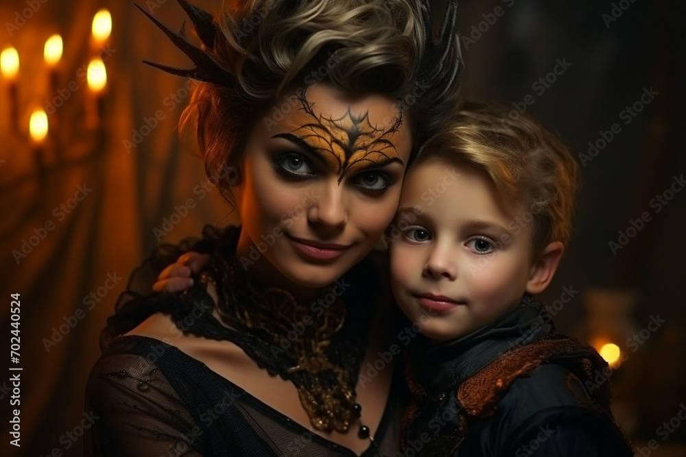 Mother and dressed-up son on Halloween Mother and dressed-up son on Halloween