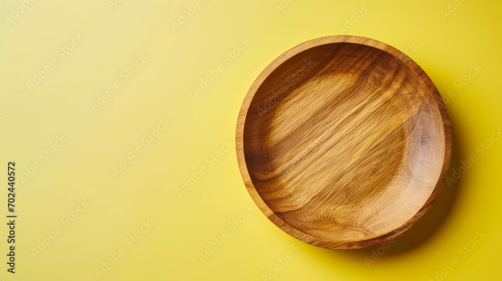 Minimalist Empty Wooden Plate Mock up, Flat Lay Template With Yellow Background And Copy Space Minimalist Empty Wooden Plate Mock up, Flat Lay Template With Yellow Background And Copy Space
