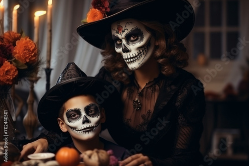 Mother and dressed-up son on Halloween