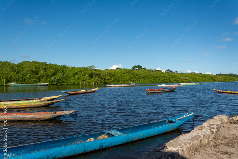 Canoes docked on the Jaguaripe River