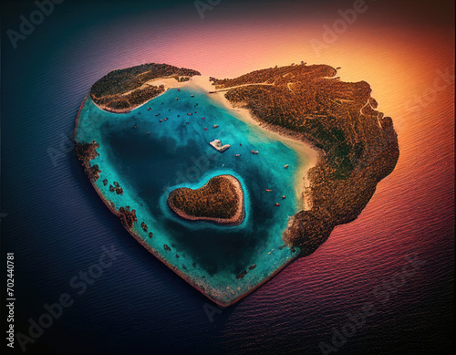 Love Vacation Concept. Sunset Aerial Perspective of Paradise Island in the Shape of a Heart. Generative AI. photo