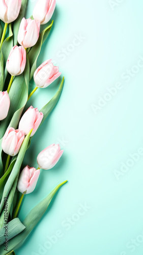 frame of bouquet of pink tulips flowers with mint background