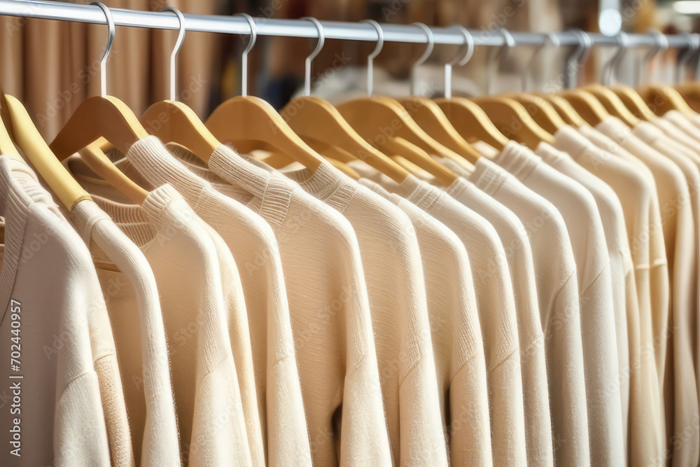 Fototapeta premium Pastel beige sweaters on hangers in a store.