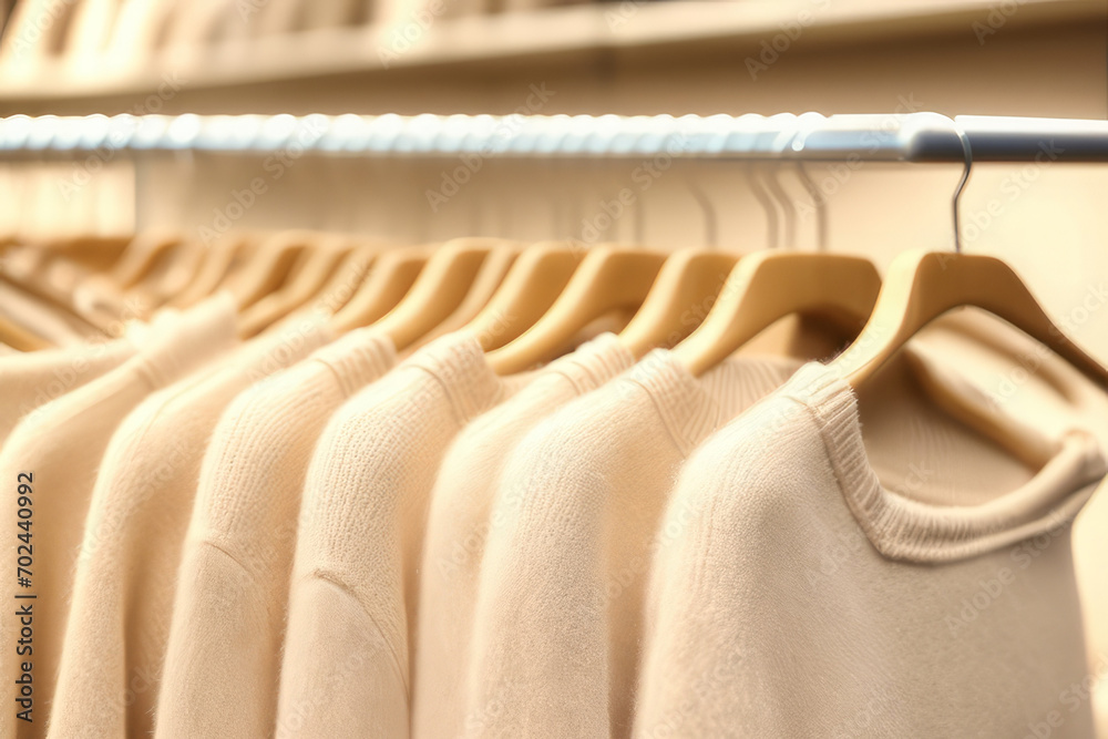 Obraz premium Pastel beige sweaters on hangers in a store.