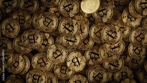 Bitcoin Cryptocurrency represented as Gold Coins. Decentralized Investing Wallpaper. 3D Render. photo