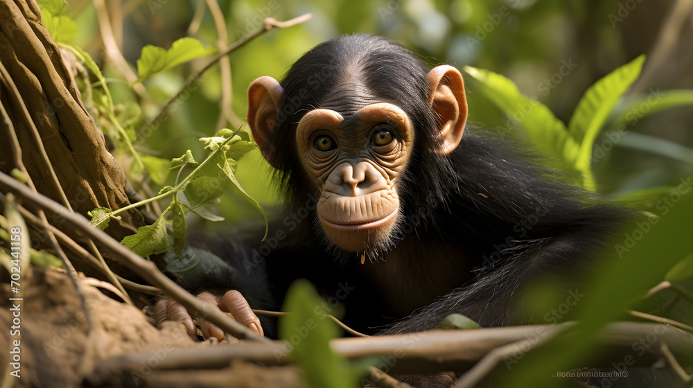 Chimpanzee in African jungle, animal background, natural habitat ...