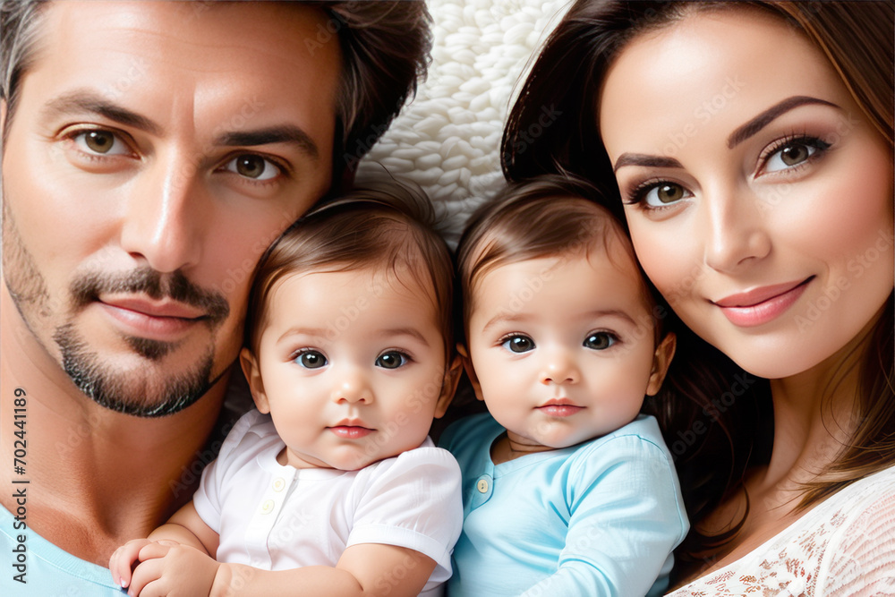 Mom and dad with two small children, close-up. Family portrait, the concept of family relations. The program of state support for families with children Mom and dad with two small children, close-up. Family portrait, the concept of family relations. The program of state support for families with children